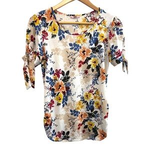 Mauve Red and Yellow Tie Front Short Sleeve Blouse